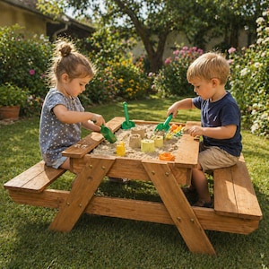 May include: A wooden sandbox picnic table with two children playing with sand and toys. The table has attached benches and is made of light brown wood. Green shovels and colourful sand moulds are visible in the sandbox.