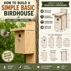 May include: A DIY birdhouse plan featuring a light wood birdhouse with a circular entrance and perch. The graphic includes text, diagrams, and dimensions in inches for a 1x6x48 inch pine board, galvanized screws, and exterior paint for assembly.