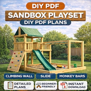 Może przedstawiać: Drewniany zestaw do piaskownicy z zieloną zjeżdżalnią, ścianką wspinaczkową i małpimi drążkami. Zestaw ma zielony dach i jest otoczony trawą i drzewami. Tekst na zdjęciu mówi "DIY PDF SANDBOX PLAYSET DIY PDF PLANS".