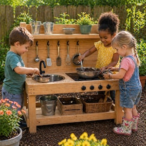 Puede incluir: Una cocina de juegos de exterior de madera con un fregadero de acero inoxidable, una placa de cocina y varios utensilios de cocina. Los niños juegan con barro y agua, usando la cocina para simular la cocina. La cocina tiene un estante con ollas y un cubo.