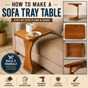 Könnte beinhalten: Ein hölzerner Sofatisch mit rechteckiger Tischplatte und einem einzelnen vertikalen Stützfuß. Das Bild enthält den Text HOW TO MAKE A SOFA TRAY TABLE, STEP-BY-STEP PLANS & GUIDE und BUILD IT YOURSELF sowie Symbole für Werkzeuge.