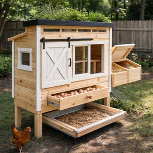 May include: A wooden chicken coop with a black roof and white trim. The coop features a sliding door, a window, and a pull-out drawer filled with eggs. A second drawer is filled with wood shavings. The coop is topped with greenery.