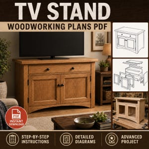 May include: A digital woodworking plan for a wooden TV stand with a drawer and two doors. The image displays the finished furniture, a line drawing of the design, an exploded view of the assembly, and a raw wood version. Text reads TV STAND WOODWORKING PLANS PDF.
