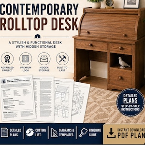 Woodworking Plans, DIY Wooden Rolltop Desk Blueprint - Home Office Project, Printable PDF | Guided