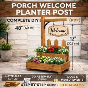 May include: Wooden porch welcome planter post with two levels of flower boxes. The post is 48 inches (122 cm) wide and 12 inches (30.5 cm) tall. A welcome sign hangs from the top. The planter is filled with colorful flowers.