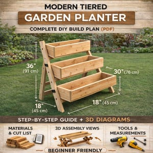 May include: A wooden, tiered garden planter with three rectangular plant boxes. The planter is 36 inches (91 cm) tall, 30 inches (76 cm) wide, and 18 inches (45 cm) deep. The image includes text that says "Modern Tiered Garden Planter" and "Complete DIY Build Plan (PDF)".