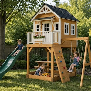 Könnte beinhalten: Ein Holzspielhaus mit schwarzem Schindeldach, weißem Zierrat und einer kleinen Veranda mit Blumenkasten. Es gibt eine grüne Rutsche, eine Schaukel, eine Kletterwand und einen Sandkasten. Kinder spielen im Garten auf dem Spielplatz.