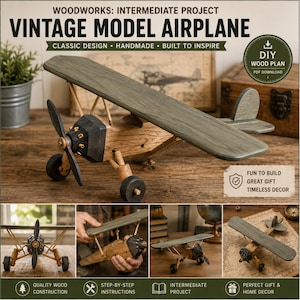 Pode incluir: Um modelo de avião em madeira com uma asa superior cinzenta, fuselagem em madeira natural, hélice preta e rodas pretas. O design inclui um bloco de motor frontal com detalhes dourados. O modelo é mostrado de vários ângulos num colagem.
