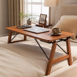 May include: A wooden bed tray for a laptop, featuring folding legs. The tray is a warm brown colour with a smooth surface. A laptop, notebook, and coffee cup are on the tray, which is placed on a bed.