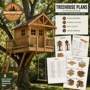 May include: A detailed plan for a wooden treehouse built into a tree, featuring a ladder, balcony, and swing. The image includes diagrams, material lists, and instructions for a DIY treehouse. Text reads "TREEHOUSE PLANS" and "BUILD A MAGICAL TREEHOUSE YOUR KIDS WILL LOVE!"