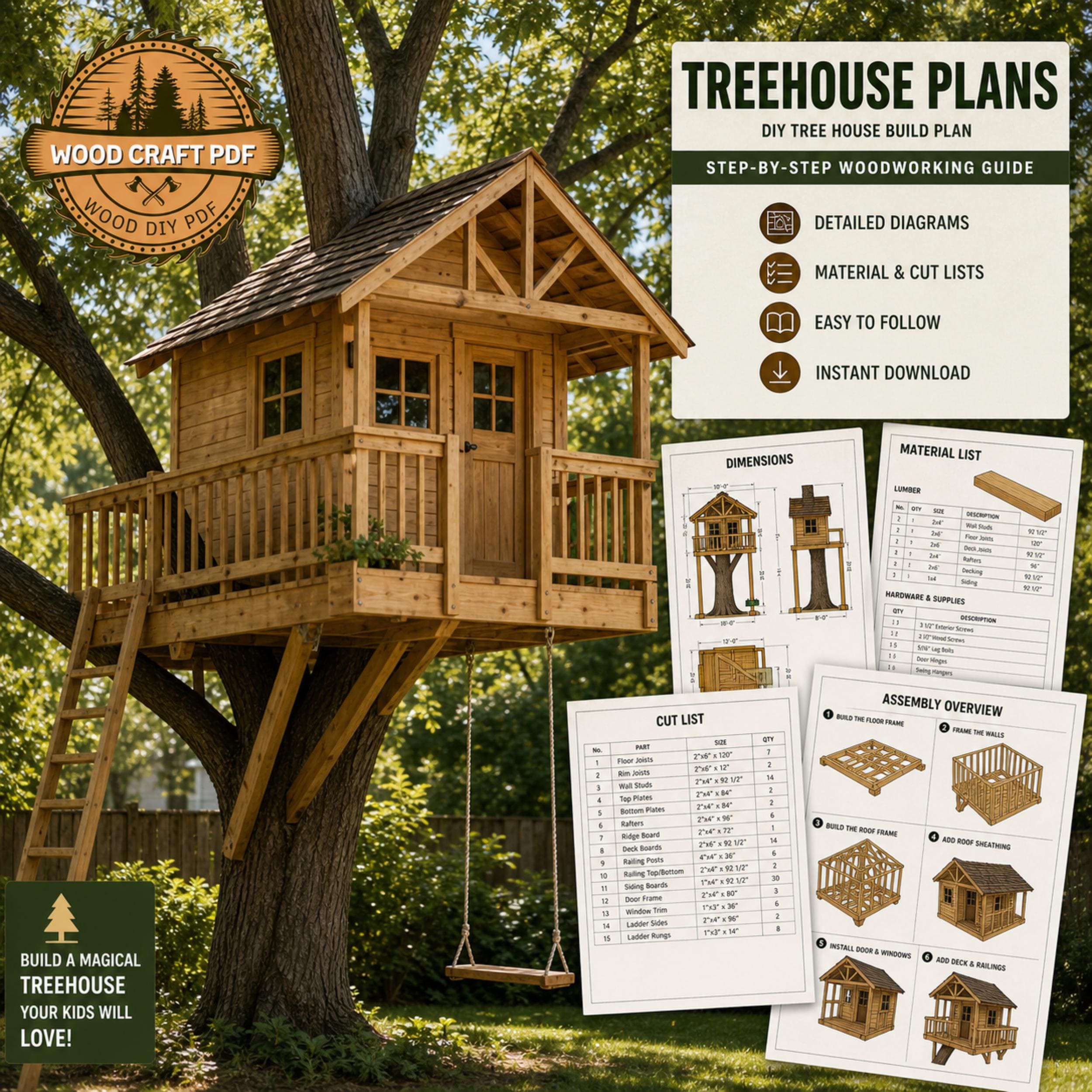 Treehouse Plans PDF – DIY Kids Tree House Build – Backyard Playhouse ...