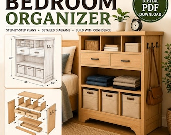 May include: A digital PDF woodworking plan for a bedroom organizer. The image displays a light wood storage unit with two drawers, three open cubbies, and three fabric bins. Includes a technical sketch with 40-inch, 34-inch, and 14-inch dimensions.