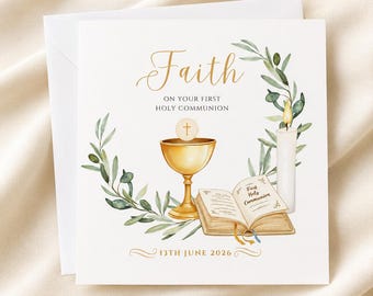 Tarjeta personalizada de Primera Comunión / Recuerdo religioso con nombre personalizado