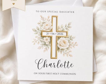 Tarjeta de Primera Comunión personalizada / Saludo religioso para hija, hijo o nieta