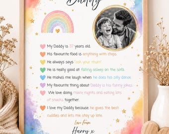 Lámina personalizada "Todo sobre mi papá" / Regalo del Día del Padre / Lámina fotográfica personalizada / Regalo de un hijo/a / Regalo de cumpleaños para papá / Lámina de recuerdo tamaño A4