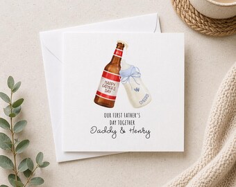 Tarjeta personalizada para el primer Día del Padre / Diseño de acuarela de botella de cerveza para papá y bebé