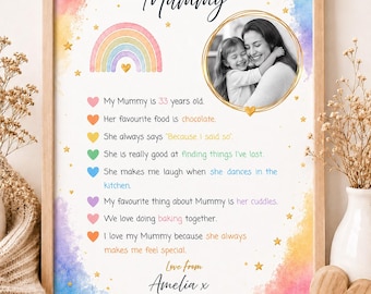 Lámina personalizada "Todo sobre mi mamá" / Regalo para el Día de la Madre / Lámina fotográfica personalizada / Regalo de un hijo/a / Regalo de cumpleaños para mamá / Lámina de recuerdo tamaño A4
