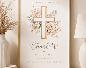 Lámina personalizada con cruz floral para comunión / Decoración personalizada con nombre y fecha para guardar recuerdos