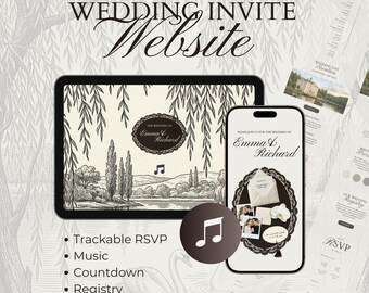 Black And Cream Wedding Invitation Website Template, Trackable RSVP, Music (Canva Template)