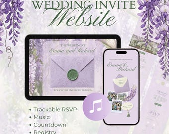 Purple Digital Wedding Invitation Website Template with Trackable RSVP, Music, Countdown (Editable Canva Template)