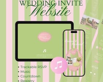 Pink And Green Wedding Invitation Website Template, Trackable RSVP, Music (Canva Template)