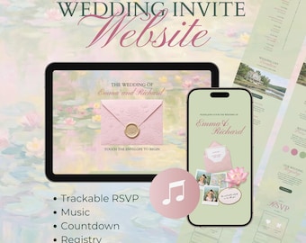 Pastel Digital Wedding Invitation Website Template with Trackable RSVP, Music, Countdown (Editable Canva Template)