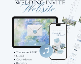 Blue Digital Wedding Invitation Website Template with Trackable RSVP, Music, Countdown (Editable Canva Template)