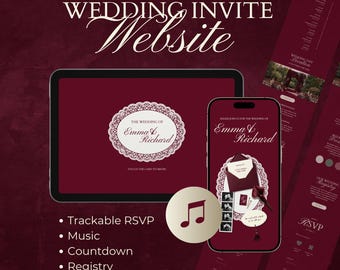 Digital Red Wedding Invitation Website Template with Trackable RSVP, Music, Countdown (Editable Canva Template)