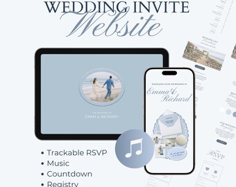Coastal Wedding Invitation Website Template, Trackable RSVP, Music, Registry, Countdown (Canva Template)