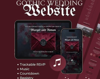 Gothic Digital Wedding Invitation Website Template With Trackable RSVP, Music, Countdown (Editable Canva Template)