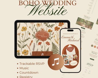 Boho Terracotta Wedding Website Template, Trackable RSVP, Music, Registry, Countdown, Rustic Boho Digital Invitation (Canva Template)