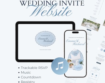 Blue Wedding Invitation Website Template, Trackable RSVP, Music, Registry, Countdown (Canva Template)