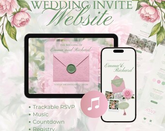 Pink Peony Wedding Website Template, Interactive Invitation (Canva Template)