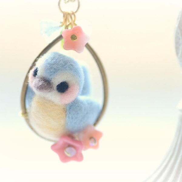 Sweet little needle felted wool bird on flower hoop pendant necklace, blue & pink color