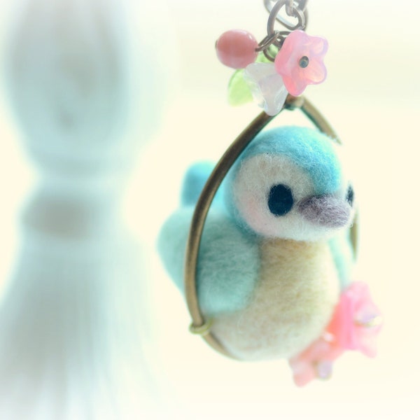 Needle felted bird necklace, Blushy Face Birdie Collection - turquoise & yellow color, bird on flower hoop, whimsical jewelry, tt team