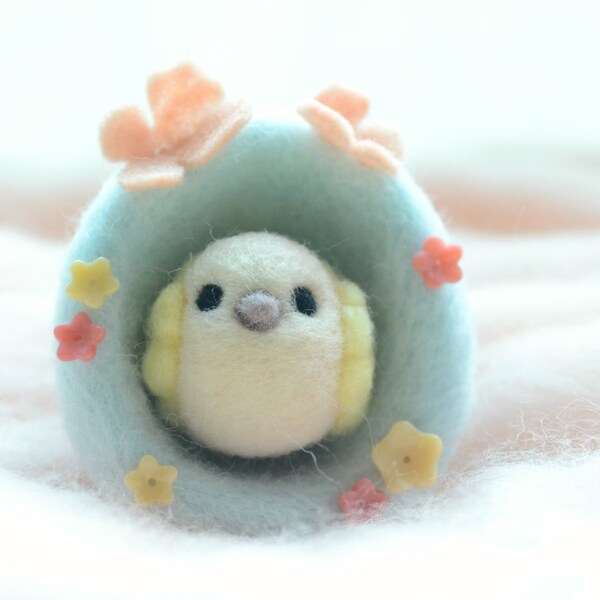 Needle felted chick / bird in egg shape nest, Easter Spring bird home decor, wool blue Easter Egg with butterfy and yellow chick / bird