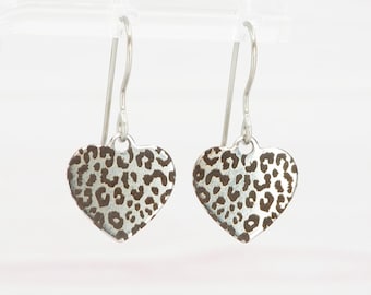 Leopard print heart dangle earrings - Hypoallergenic titanium ear wires - Delicate dangles - Gift