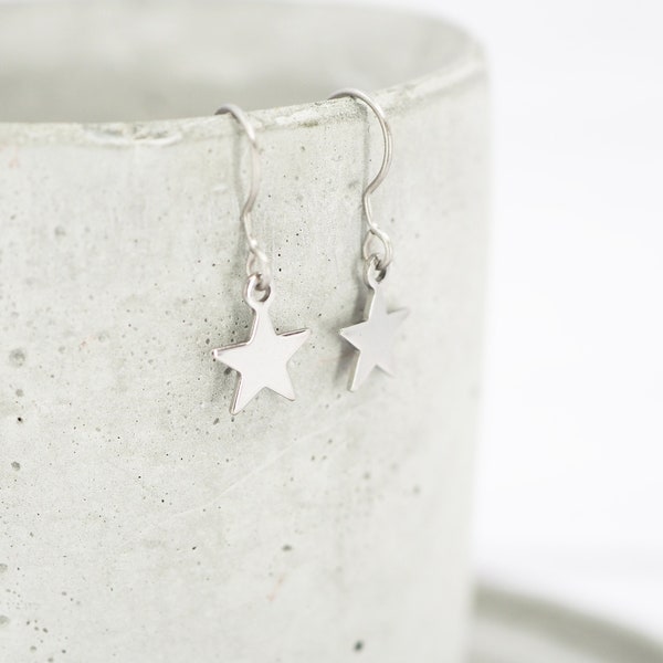 Hypoallergenic titanium ear wires - Small stainless steel star dangle earrings - Delicate lightweight dangles