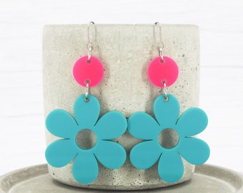 Titanium ear wire - Blue and pink flower dangle earrings - Retro - Unique - Statement - Acrylic