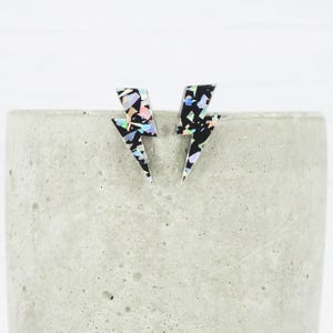Lightning Bolt Stud Earrings: Holo Silver Glitter, Titanium Posts image 1