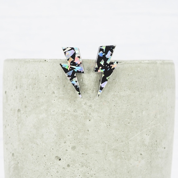 Lightning Bolt Stud Earrings: Holo Silver Glitter, Titanium Posts