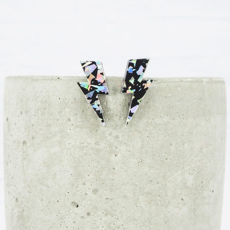 Lightning Bolt Stud Earrings: Holo Silver Glitter, Titanium Posts image 1