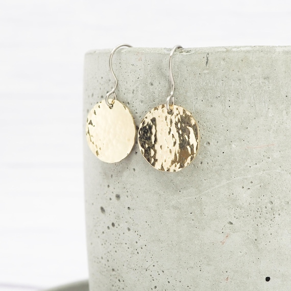 Brass Dimple Hammered Earrings: Titanium Ear Wires, Sensitive Ears