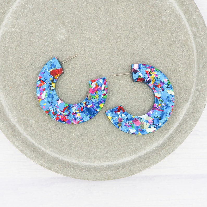 Titanium earrings Chunky disco glitter hoops Gift for her Blue flake Acrylic open hoops image 7