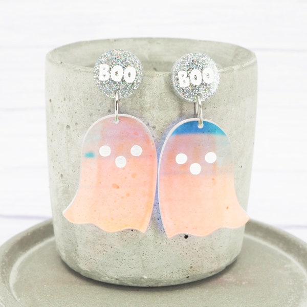 Titanium hypoallergenic ear wire - Halloween ghost dangle earrings - Unique - See through iridescent acrylic - Mismatched