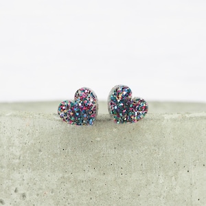 Mixed Glitter Heart Stud Earrings: Titanium posts (Sensitive Ears)