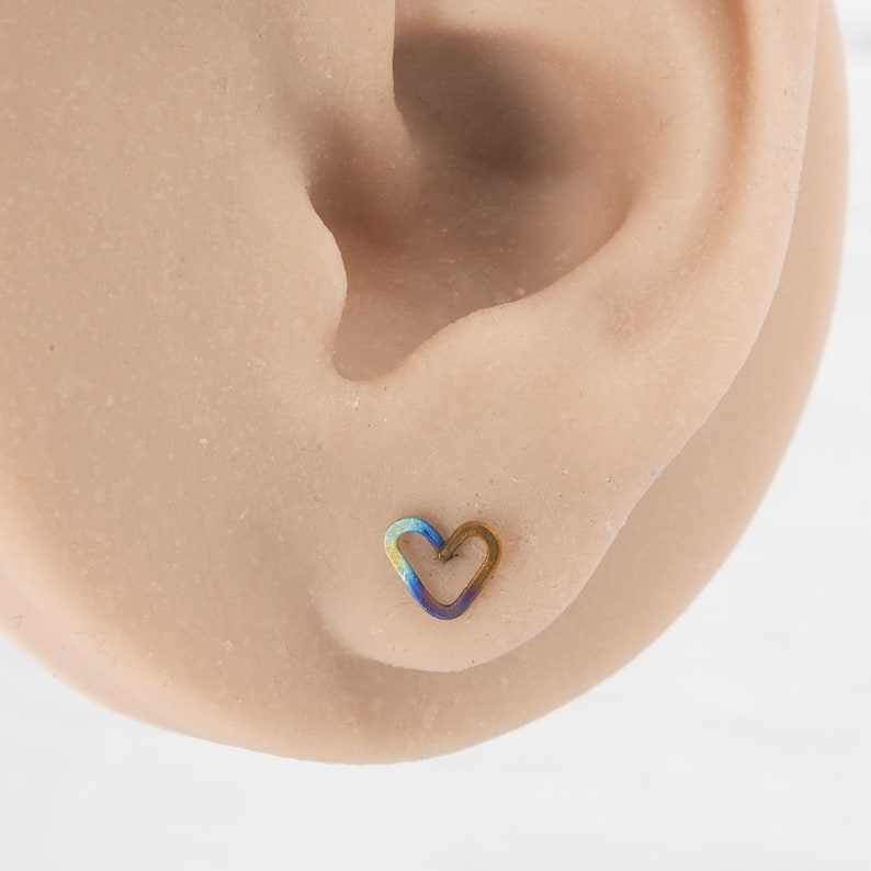 Titanium heart stud earrings Delicate lightweight hypoallergenic Boho rainbow heart earrings Valentine bride image 4