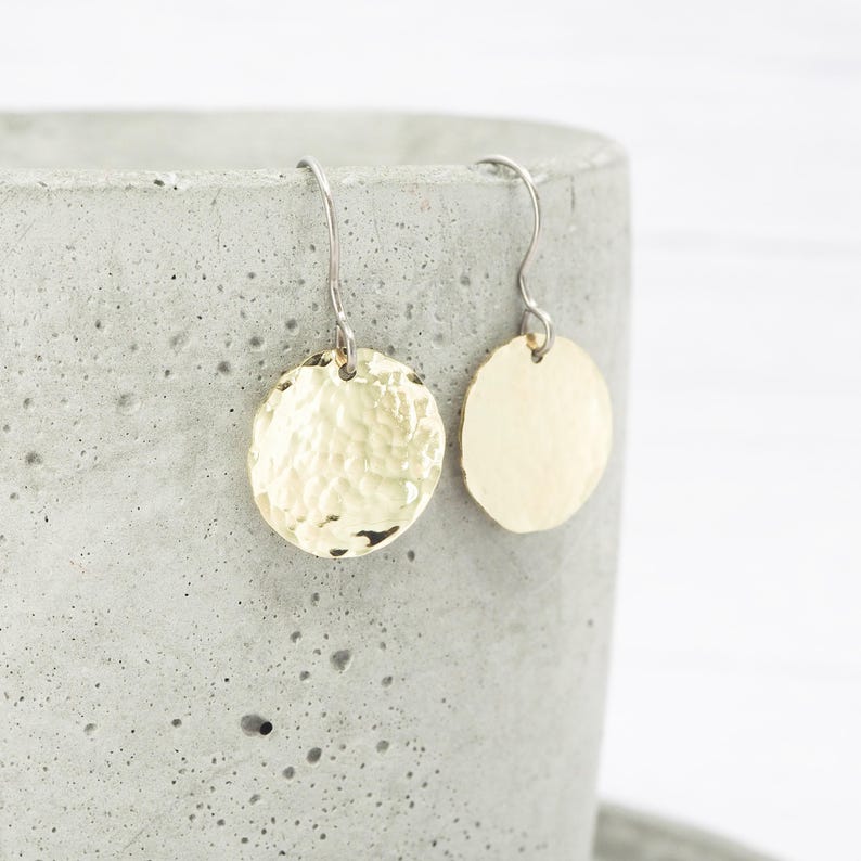 Brass Dimple Hammered Earrings: Titanium Ear Wires, Sensitive Ears image 7