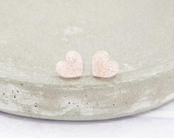 Titanium ear wire - Light Pink galaxy glitter acrylic small heart stud earrings - Delicate hypoallergenic earrings - Love