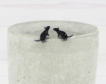 Black Glitter Rat Stud Earrings: Hypoallergenic Titanium Wire